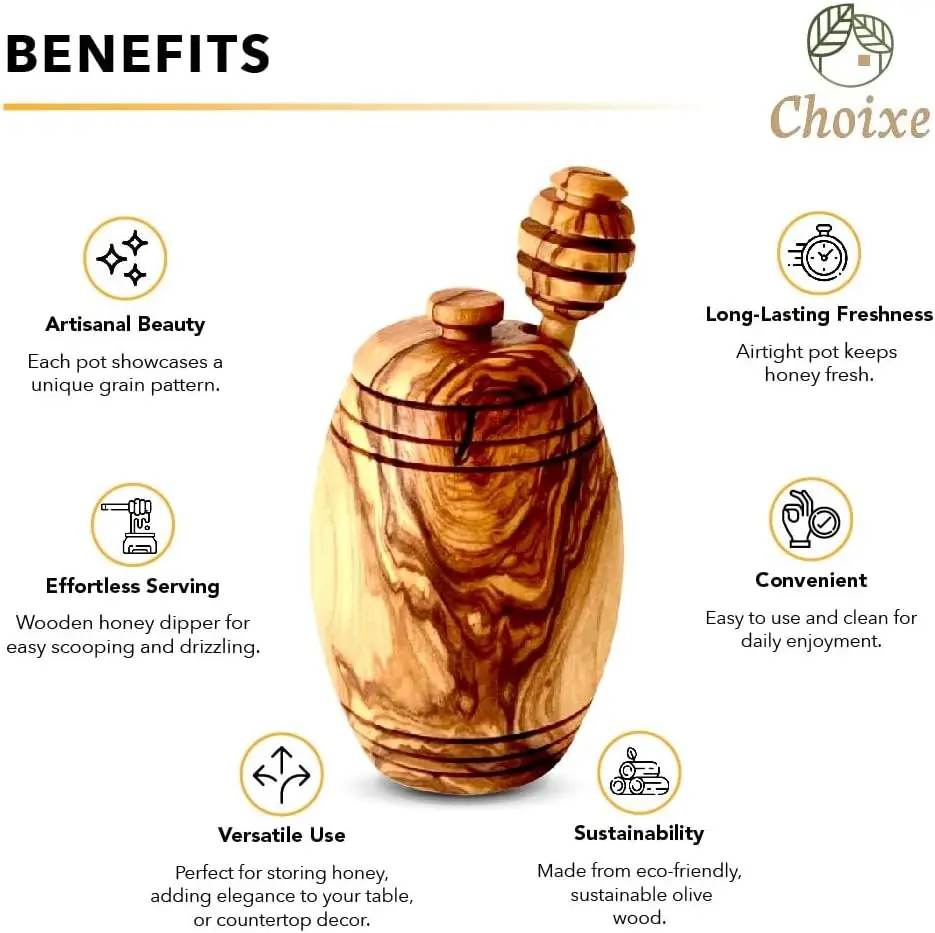 Choixe. Olive Wood Honey Pot with Honey Dipper. Authentic Mediterranean Olive Wood. Handcrafted