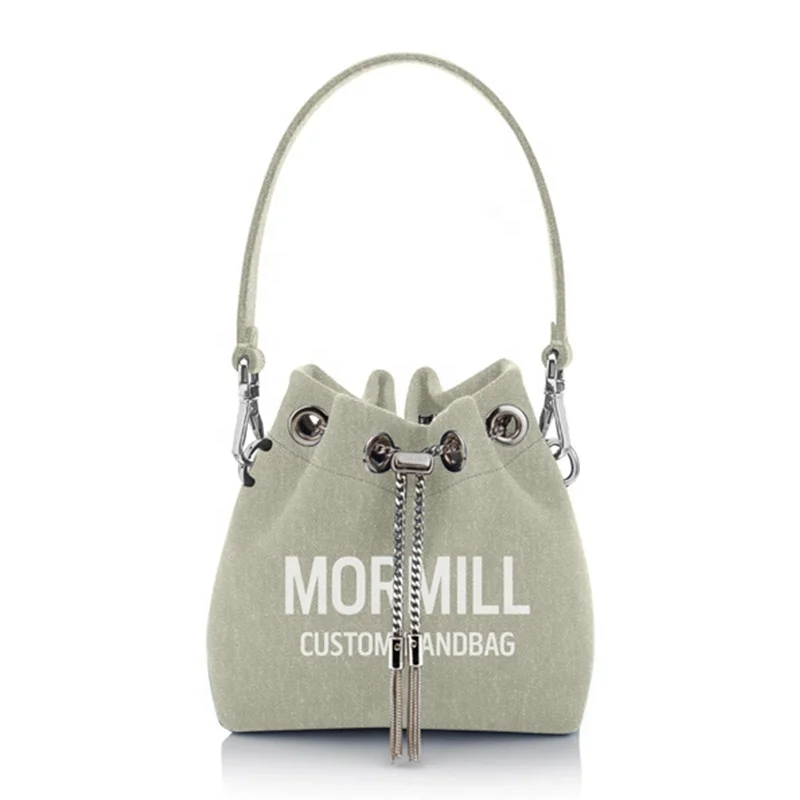 Trendy Drawstring Tassel Large Capacity Shoulder Vintage Bucket Bag Custom Denim Bags Women