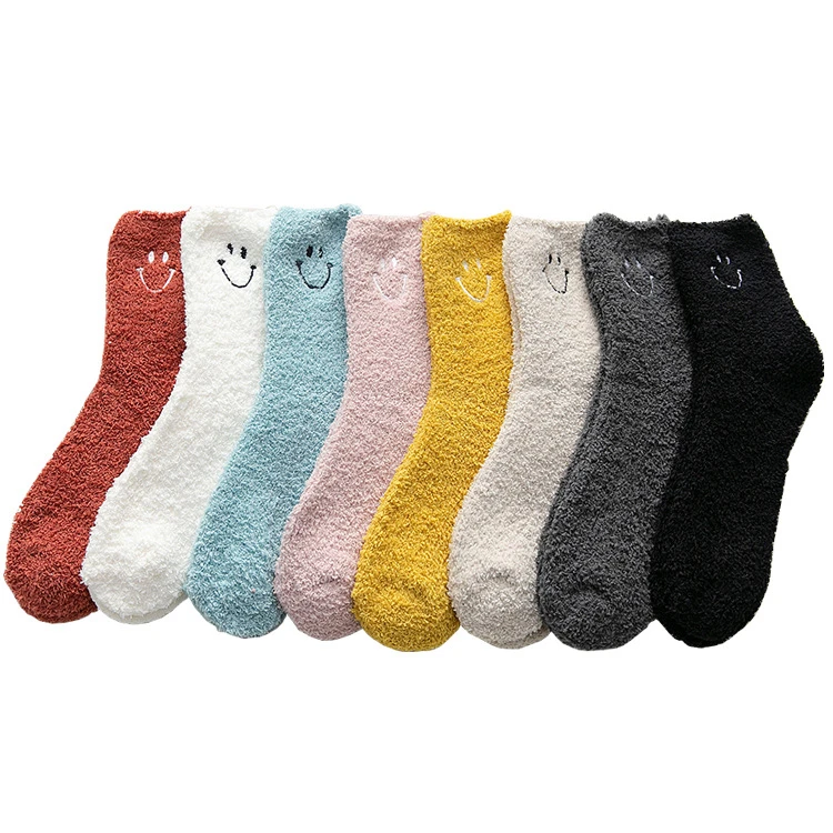 Winter Custom Print Socks Big Smile Pattern Embroidery Coral Fleece Fuzzy Socks