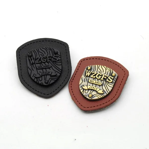lot black/brown PU felt leather sew on patches with black/bronze metal plates clothing label for jeans/jacket PLB-009
