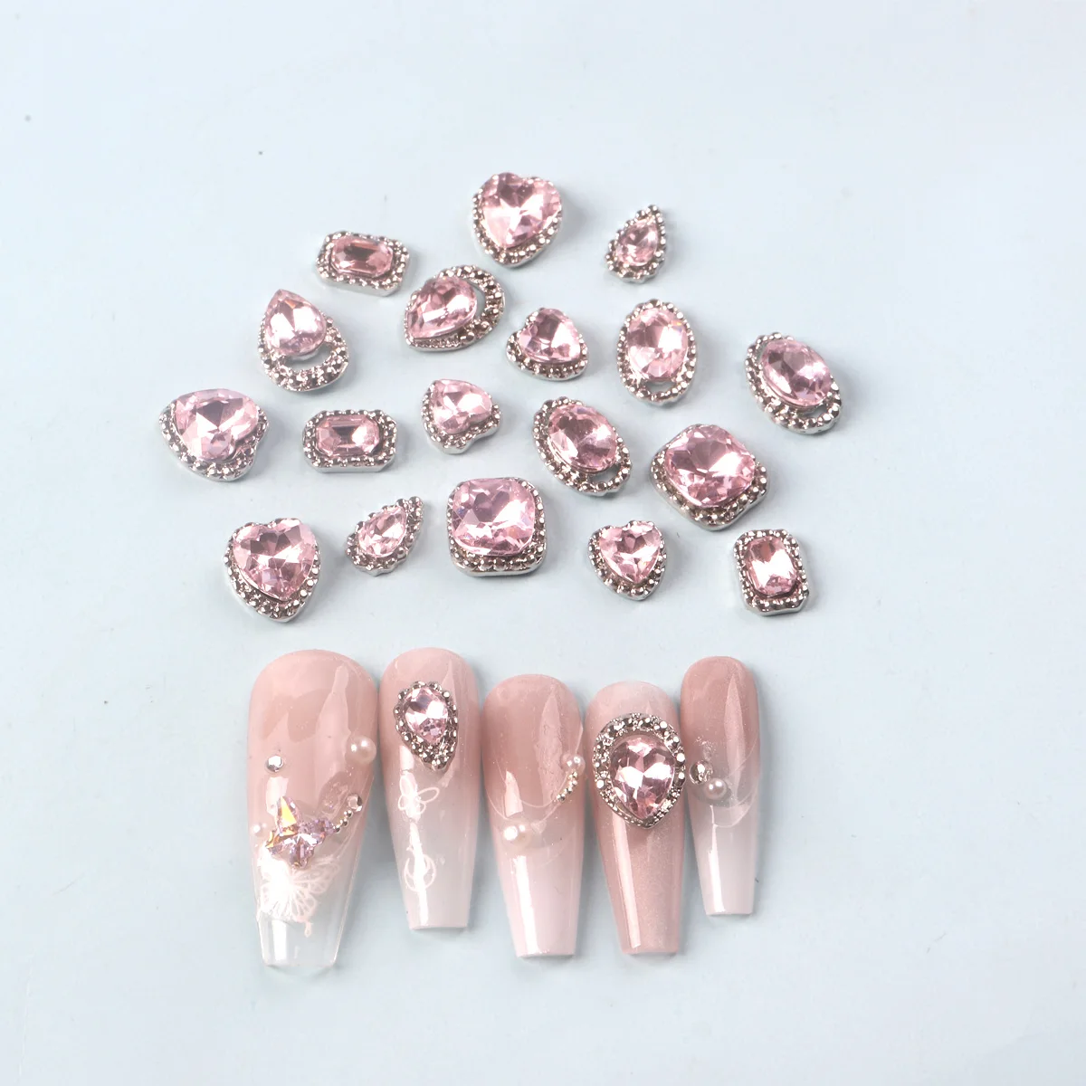 TSZS 20PCS Pink Crystal Jewel Silver Alloy Nail Charm Shiny Drop Square Heart Nail Art Accessories Nail Decoration Supplies