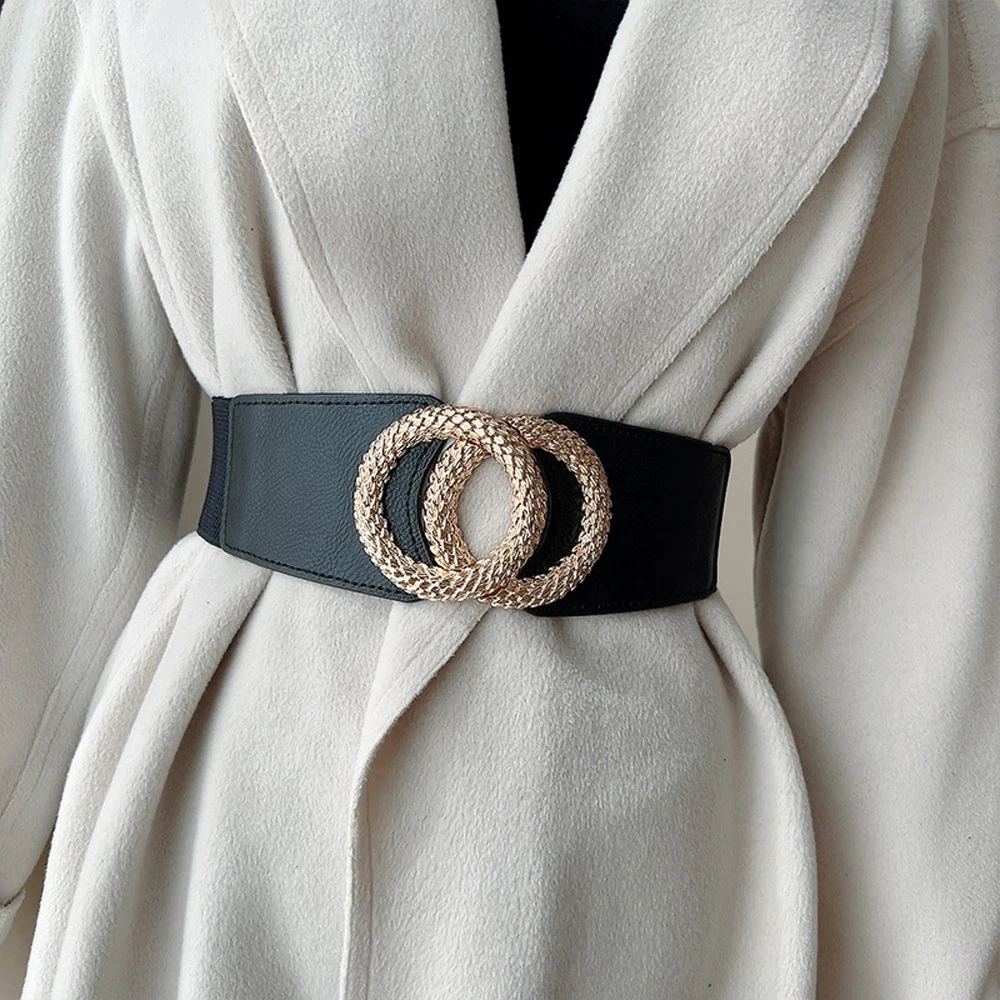 4 shapes Gold Buckle Women Elastic Waist Band Dresses Waistband Plus Size Ladies Waist Seal Wide Belt for Coat