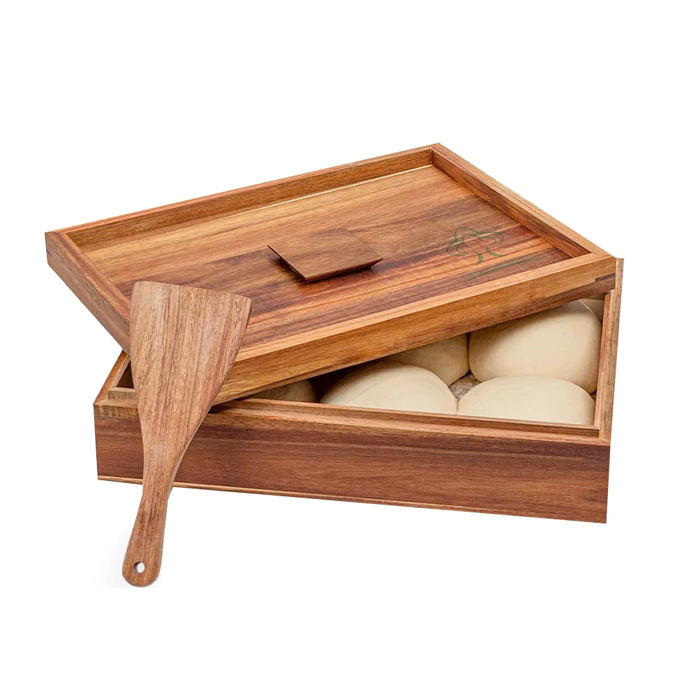 Natural Acacia Wood Dough Box Kitchen Wooden Pizza Dough Proofing Box Container Tray with Dough Spatula