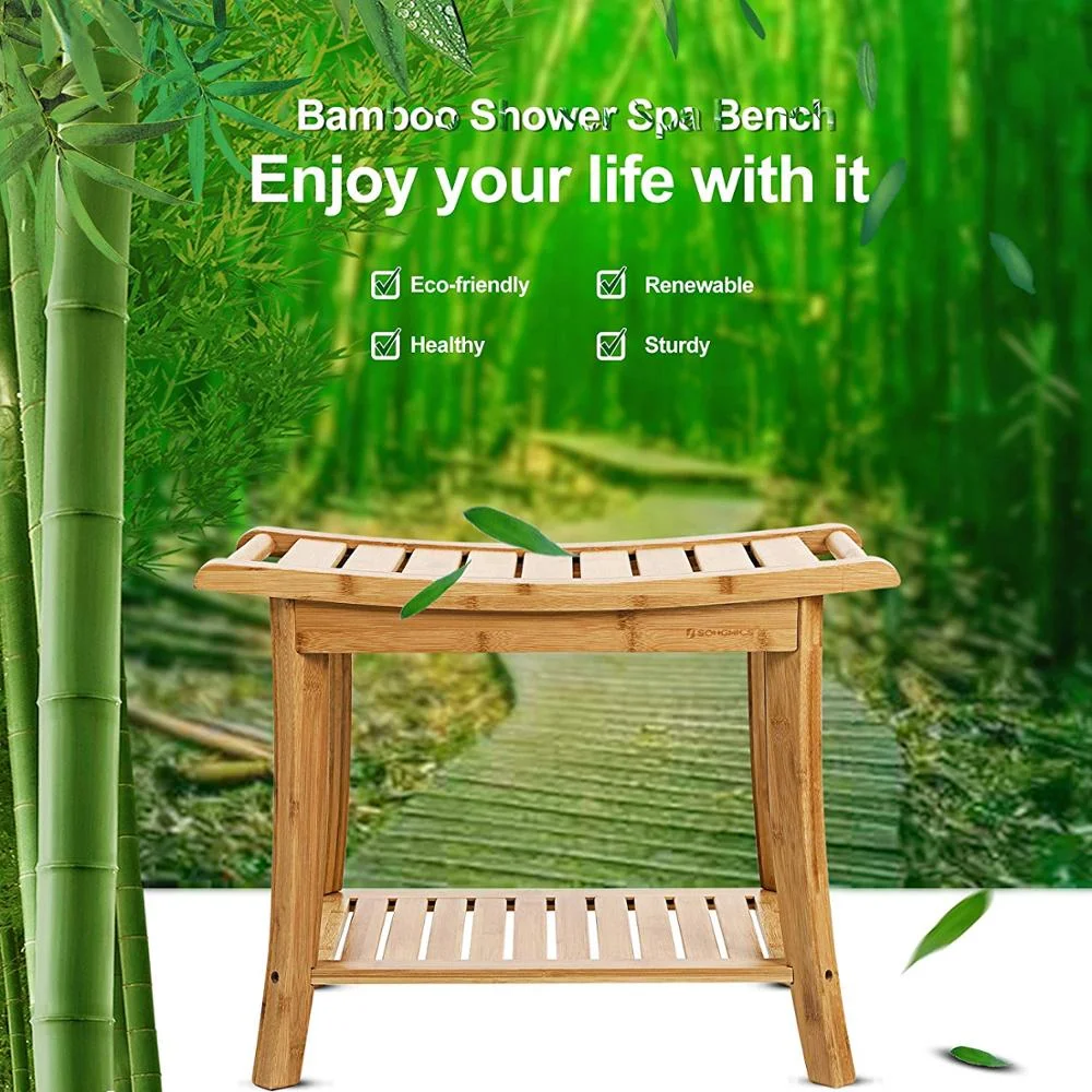 Bamboo Shower Bench and Foot Stool Set for Inside Shower - Wooden Bath Chair Waterproof Bathroom Seat with Storage Shelf