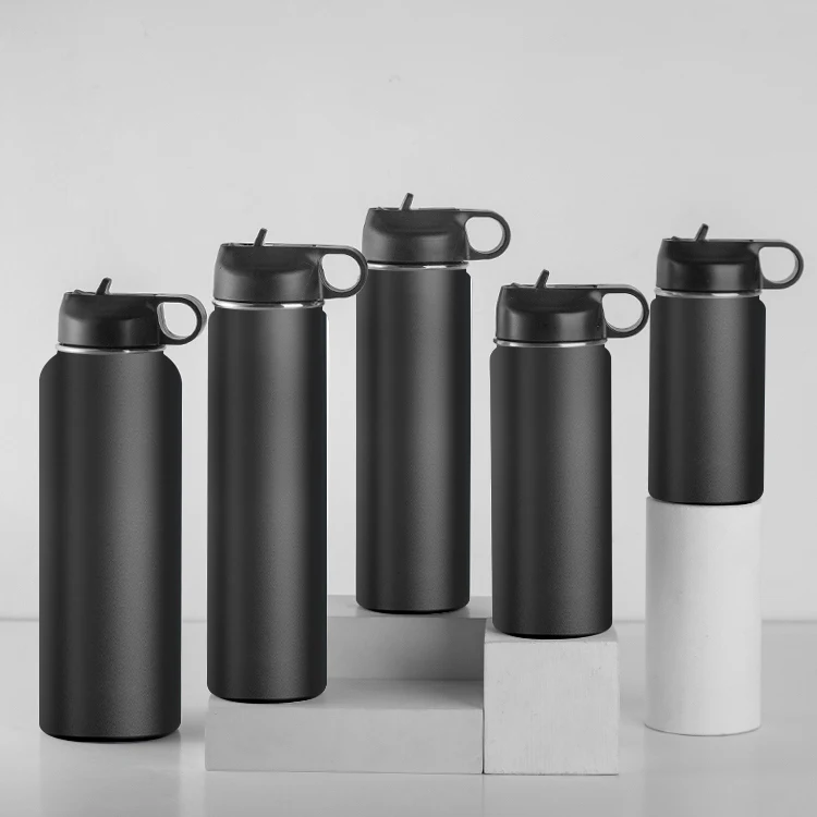 Factory Curved Powder Coated Metal Water Drink Bottle Double Wall Insulated Vacuum Outdoor Stainless Steel Flask