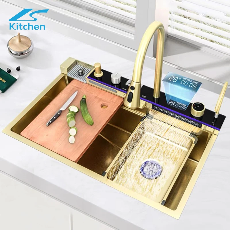 Smart Golden Luxury 304 Stainless Steel Nano Waterfall Rainfall Honeycomb Piano Key Kitchen Sink
