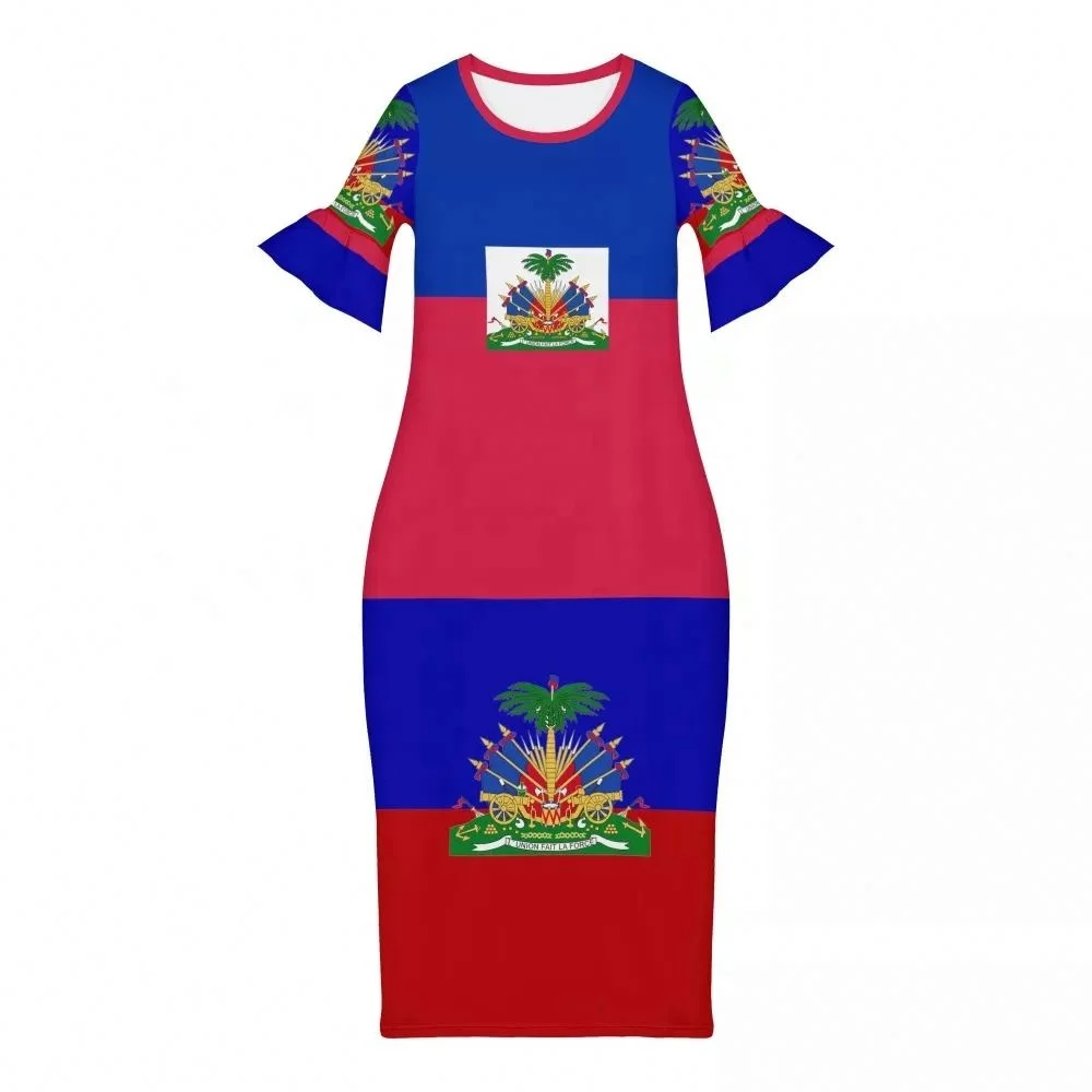 
Haiti Flag Blue/Red Pattern Maxi Women Long Dress Custom Print Custom Logo Party Dress for Women Plus Size Black Dress for Women 