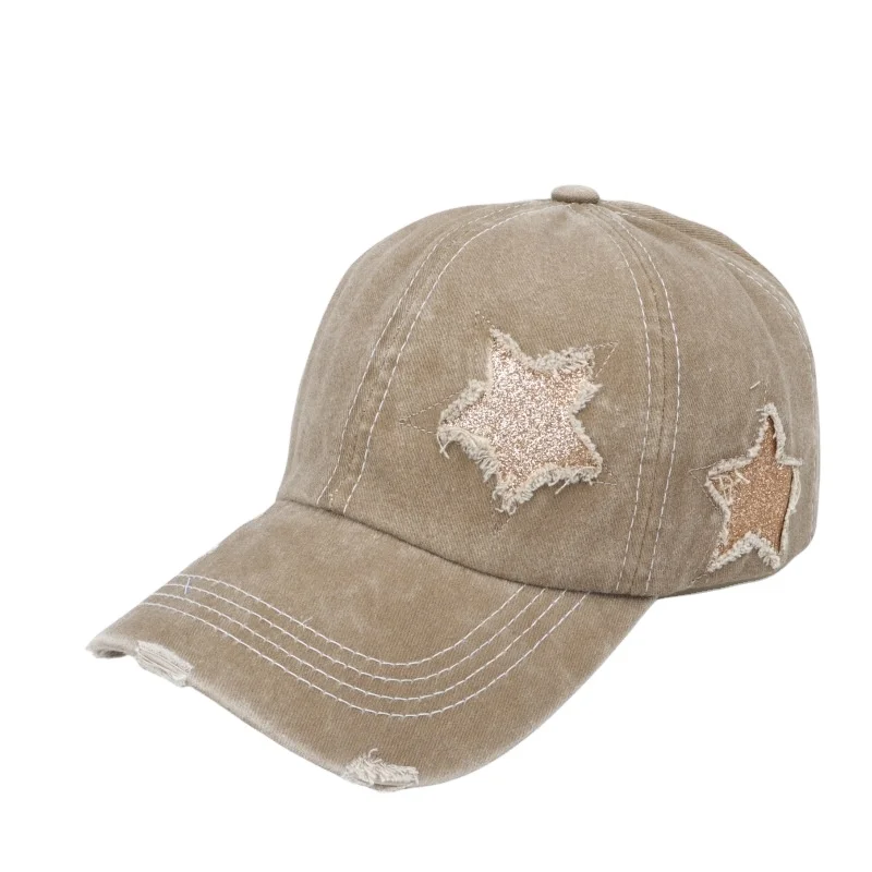 Spring and summer new five-pointed star sequin horsetail hole baseball cap women vintage wash old cap visor