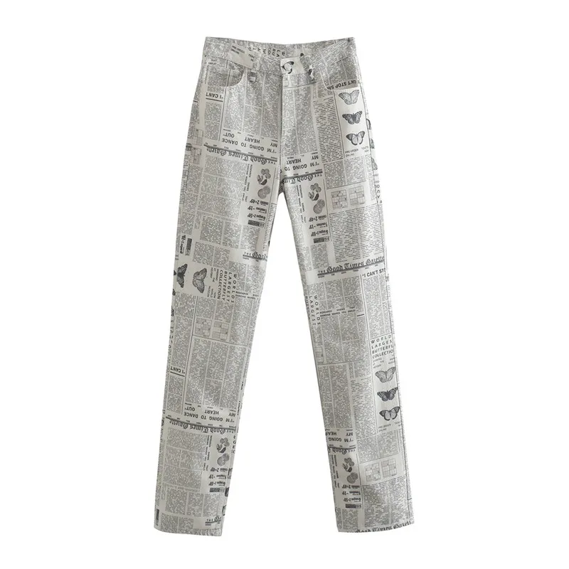 PB&ZA2022 spring new European and American street shooting fashion newspaper printing straight jeans