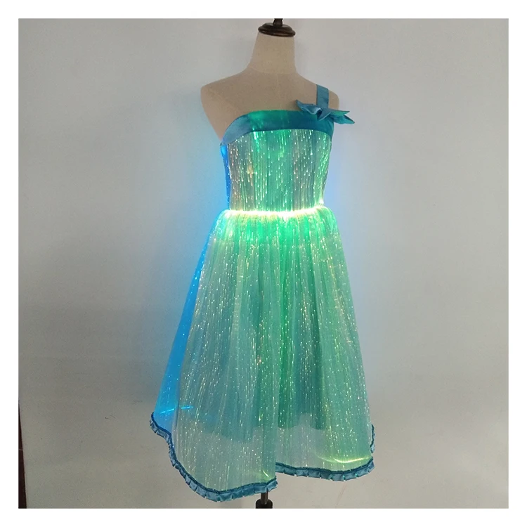 blue 3 color changeable chase led fashion luminous glitter fiber optic dress for performance and event party lighting