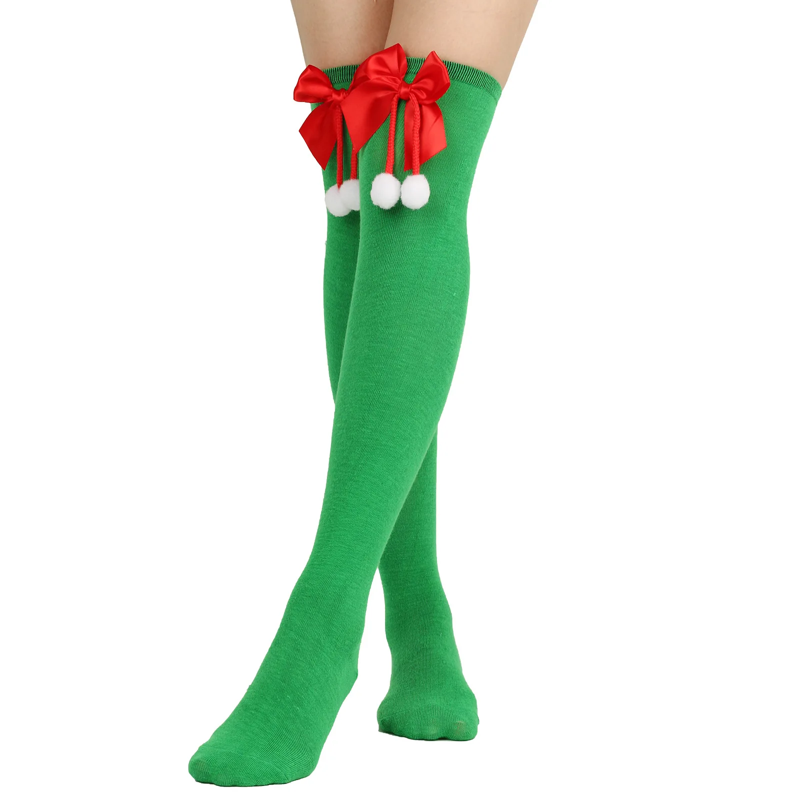 Bowknot Christmas socks ball socks knee socks female long tube Christmas striped stockings