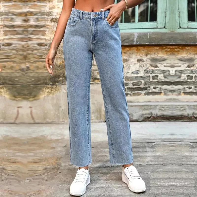 Fashion Ladies Jeans Basic Blue Straight Legging Zipper Fly Casual Jeans Mujer