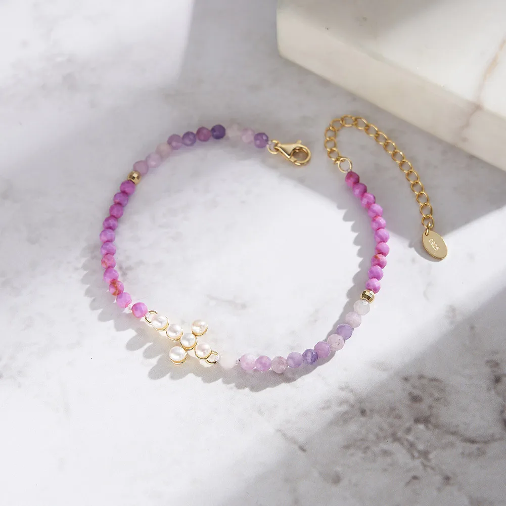 MPB10 RINNTIN Gold Cross Bracelet 925 Sterling Silver Adjustable Natural Freshwater Pearl Purple Mica Bracelet for Women