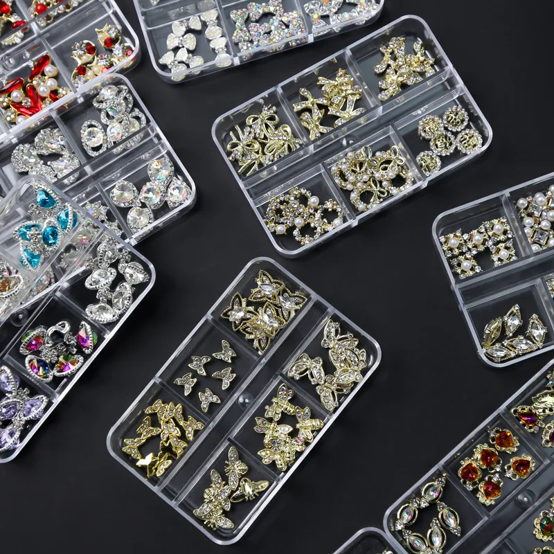 6 Grids mixed bowknot butterfly shapes boxed pearl metal alloy diamond rhinestone crystal stone DIY nail art jewelry set