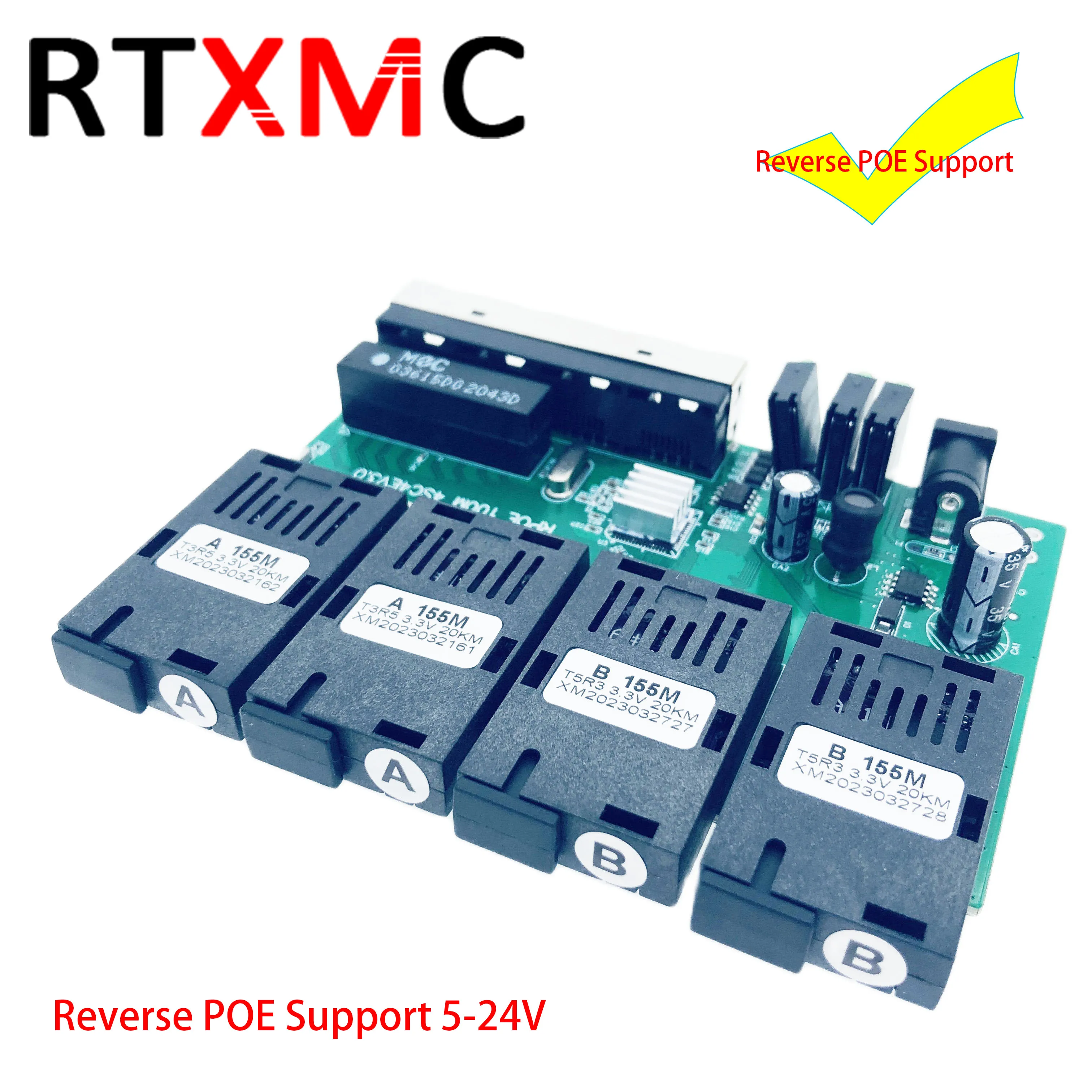 RTXMC 4fo 4lan 4F4E Reverse FAST Rpoe Switch Fiber Switch Optical 100M  Media Converter SF PCBA 4SC 4RJ45 155M RPOE FTTH  5-24V