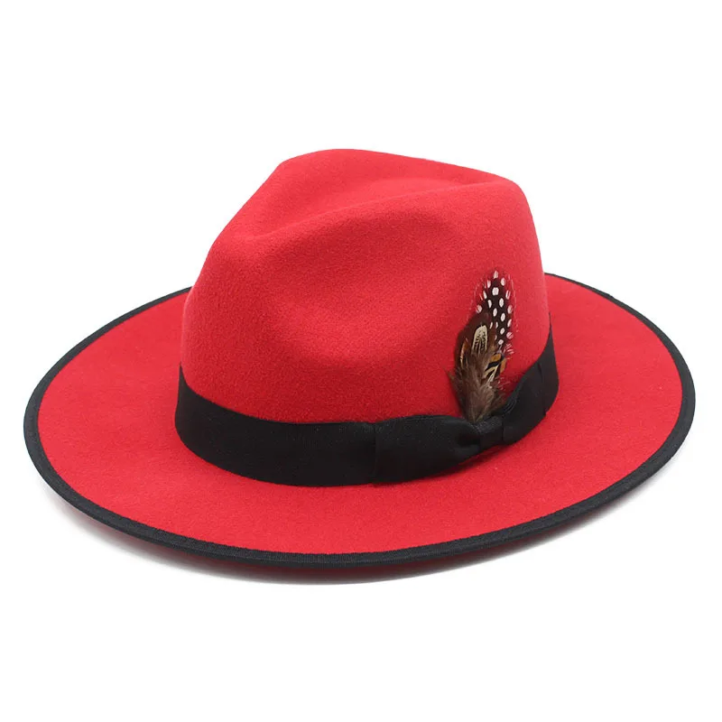 Classic Fedora Hats With  Feather Wide Brim Wool Felt Hat For Travel Vintage Style Fedora