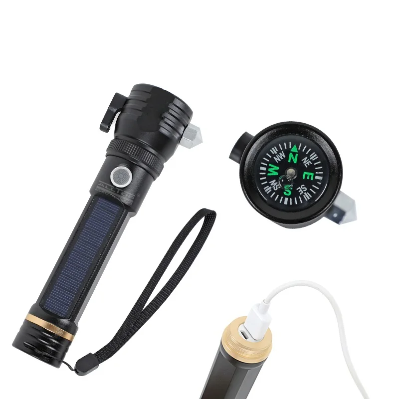 ALLTOP High power aluminium flashlight rechargeable power bank solar led tactical flashlight with emergency hammer