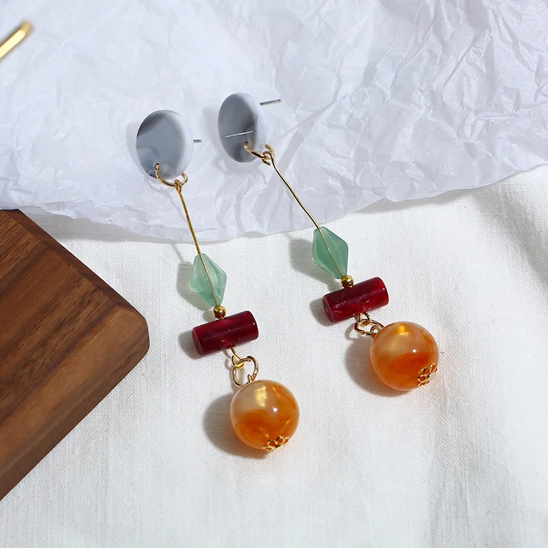 Korea Dongdaemun New Hit Color Acrylic Wood Earrings Fashion Retro Long Amber Ball Earrings