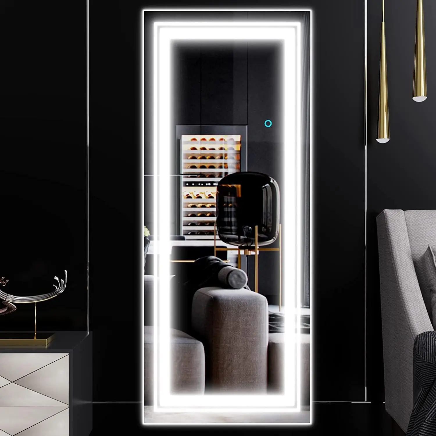 Free Standing Dressing Mirror with LED Lights, Full Length Mirror with 3 Temperature Colours and Storage Shelf Customized Silver