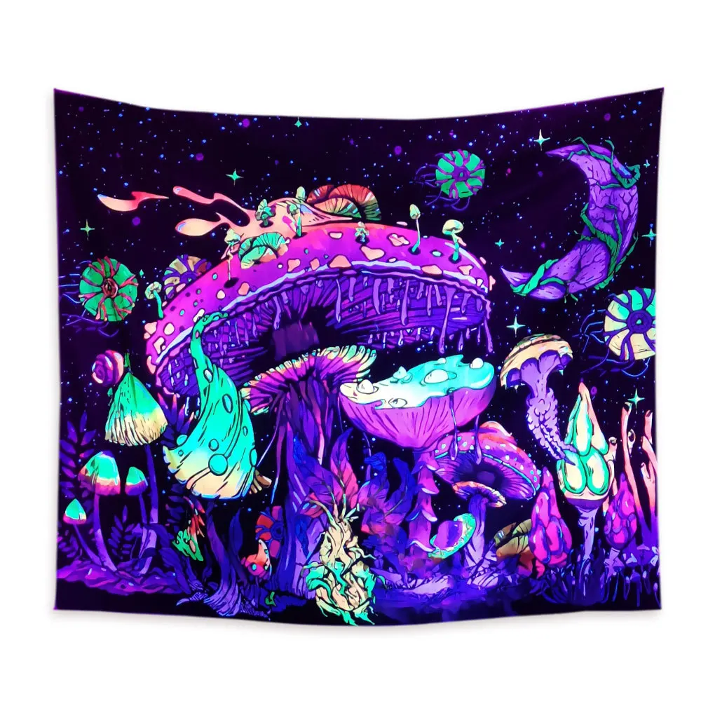 Wall hanging room moon and stars rising mushroom plants starry sky monster tapestry
