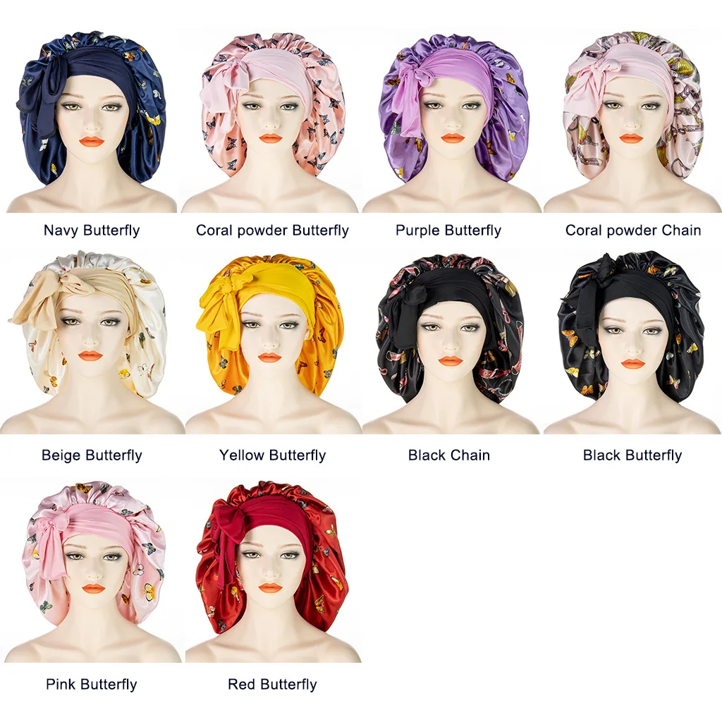 Wholesale hot selling new wide side long tail extra large shower cap Fashion printed ladies large color night cap