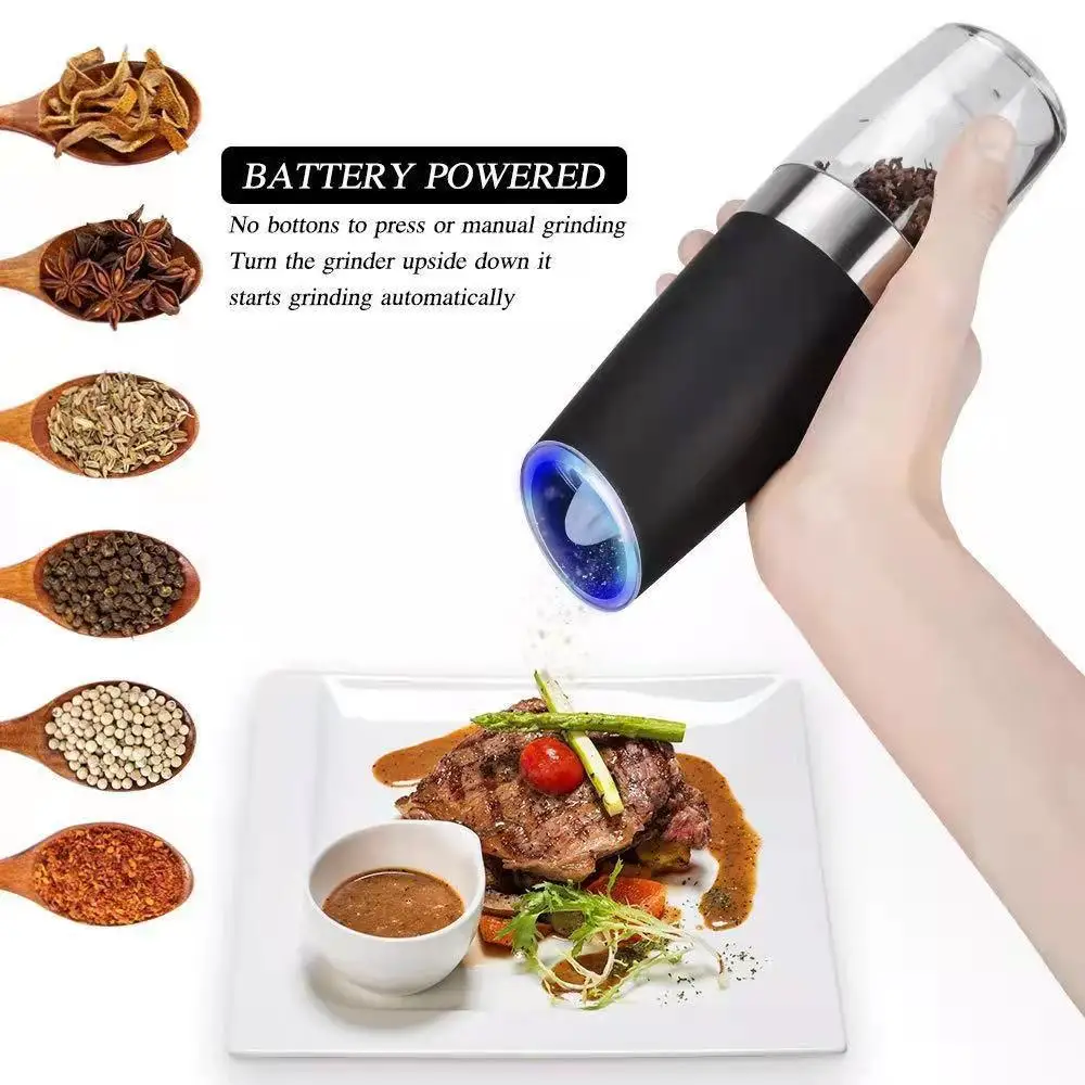 Source Factory Battery Operated  Black Spice Grinder Electric Salt and Pepper Mill With Blue light