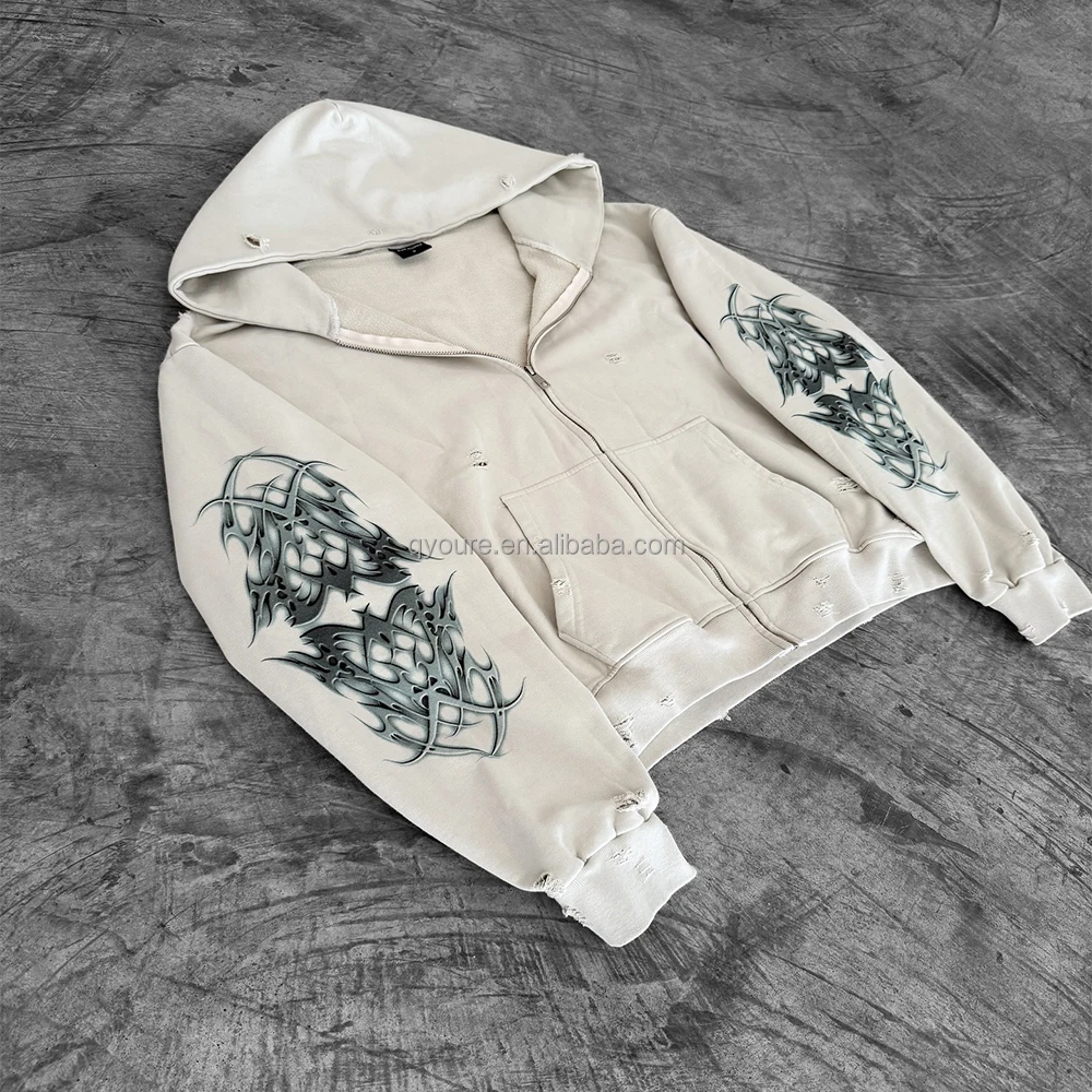QYOURECLO Custom DTG 1005 cotton streetwear heavyweight mens wide leg distressed sweatpants with strings