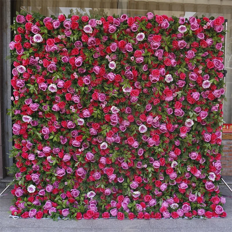 IFG New Forest Design Greenery Mixed Flowers Backdrop Red Peony Fabric Roll Up Flower Wall for Wedding Decoration