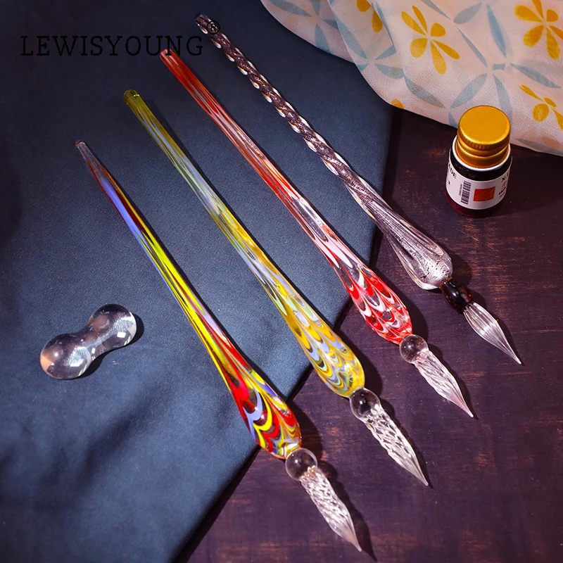 Wholesale Ribbon Glass Dip Pen Glass Handmade Peacock Tail Spiral Nib Tip Dip Pen with Penholder for Office Tableware Decor