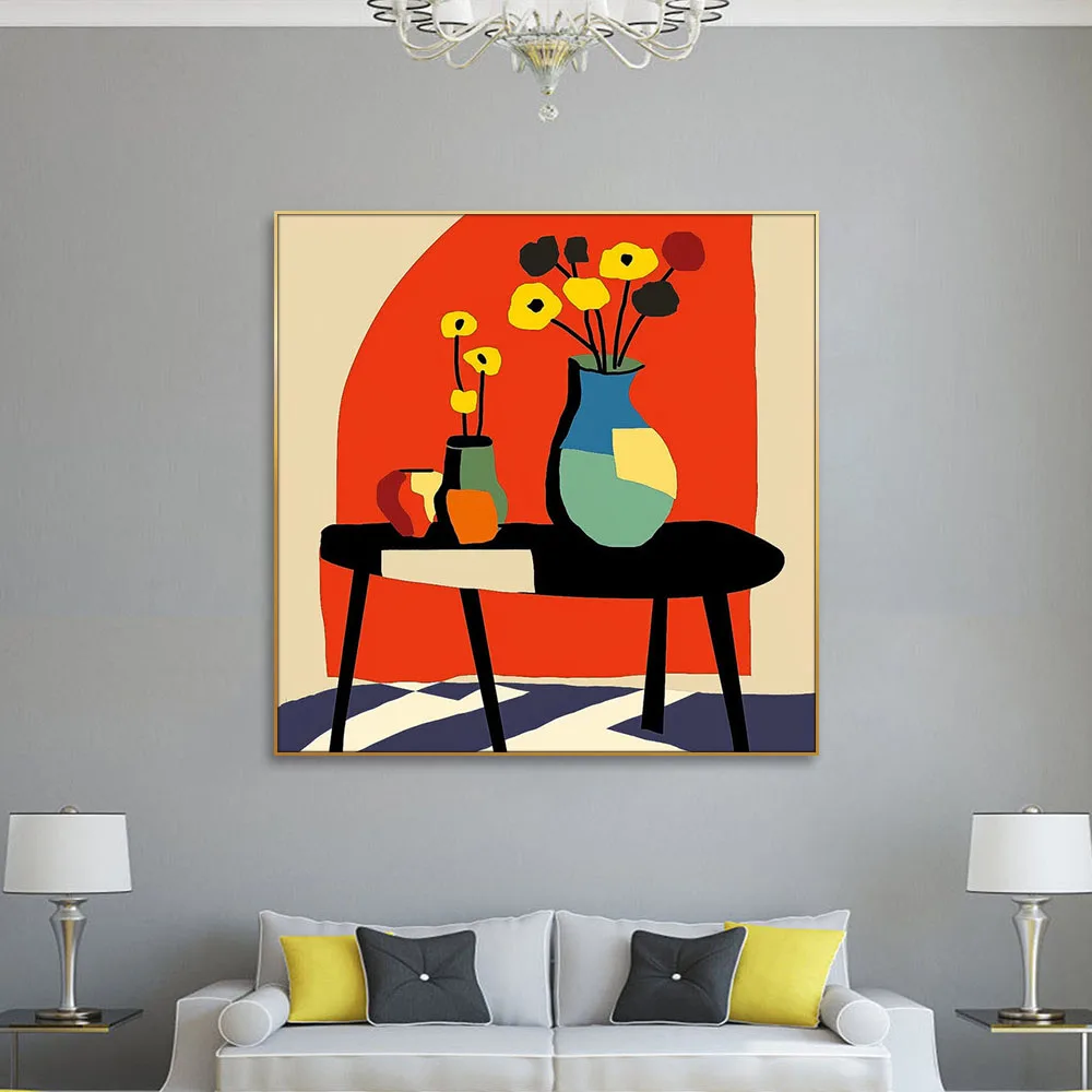 Square Contemporary Abstract Realism Wall Art Large Beautiful Vase with Bright Paintings Linen Material Oil Medium Cotton Base
