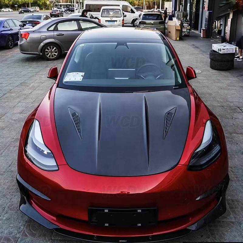 CMS Style Carbon Fiber Front Bumper Hood Bonnet for Tesla Model 3 Auto Racing Car Body Kit