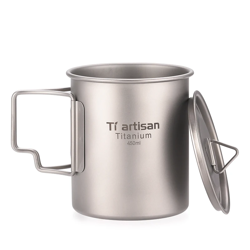 Camping mugs water Cup titanium coffee mug 450ml  Foldable Handle Titanium Pot with Lid camping accessories