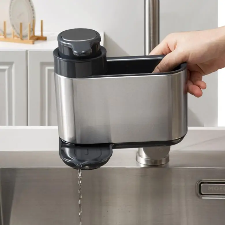 Kitchen Sink Organizer Sponge Holder Soap Dispenser Scrubber Drainer Dishwashing Accessories Sink Caddy With Drain Tray