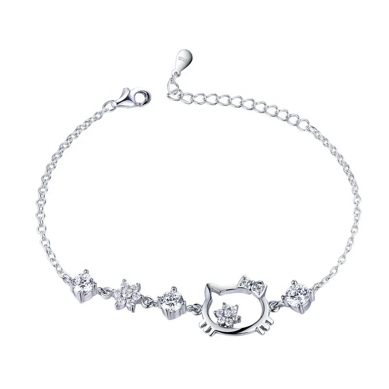 2023 925 Sterling Silver Bracelets Women Crystal Hello Kitty Cz Prong Setting Bracelet For Woman Fashion Jewelry