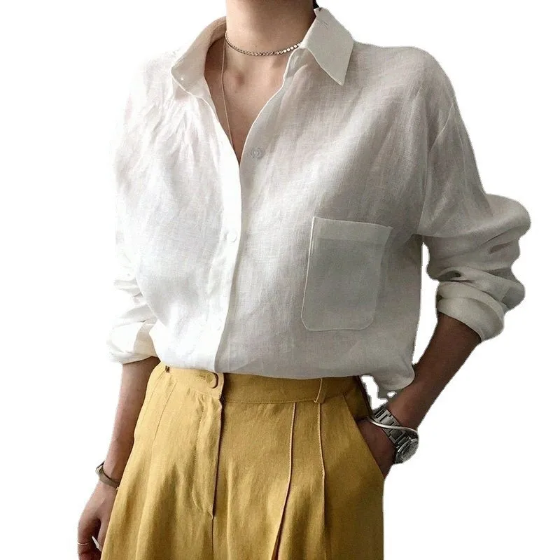 wholesale women linen shirt 100% linen shirts long sleeve casual officewear loose spring shirt