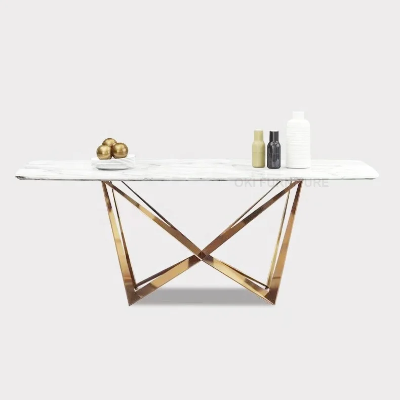 modern dining room fancy unique luxury gold stainless steel metal crossed leg stone marble dining table 8 seater