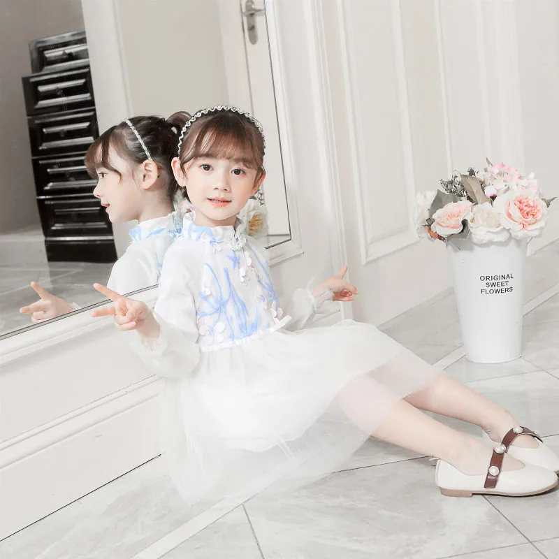 wholesale price Chinese style long sleeve pink flower girl vintage dresses