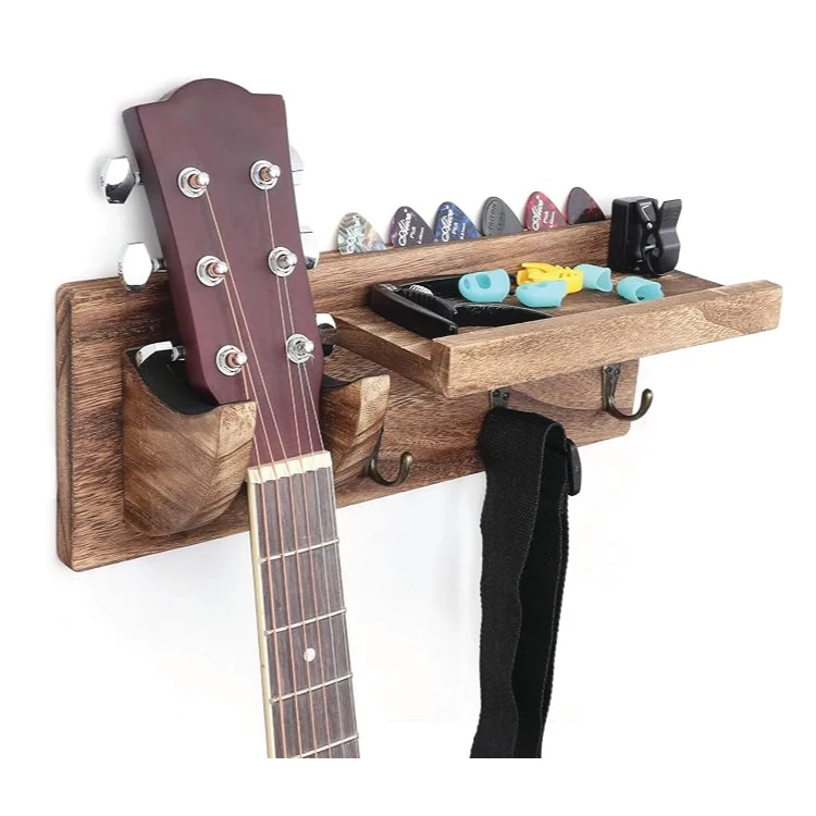 Multifunctional Wall Mount Guitar Hanger Shelf with Pick Holder and 3 Hooks