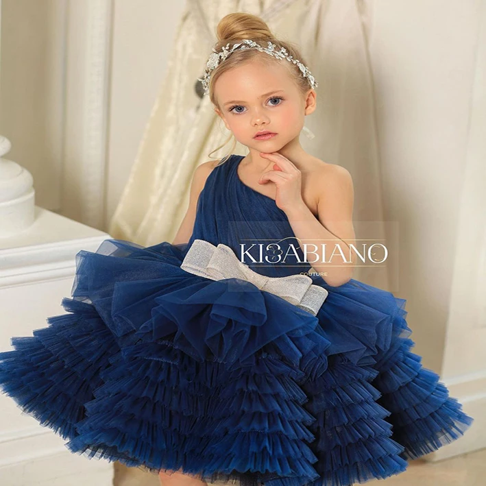 One Shoulder Cupcake Tulle Wedding Flower Girl Dress Kids Birthday Party Dress