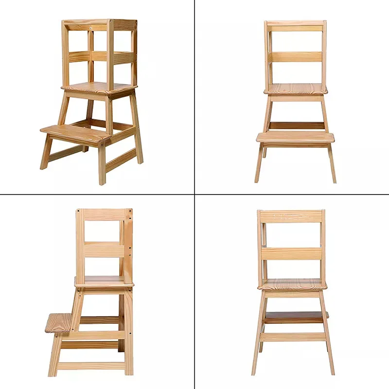 Kids Step Stool with Safety Rail,Wooden Toddler Standing Tower Natural Solid Wood Construction Learning tower