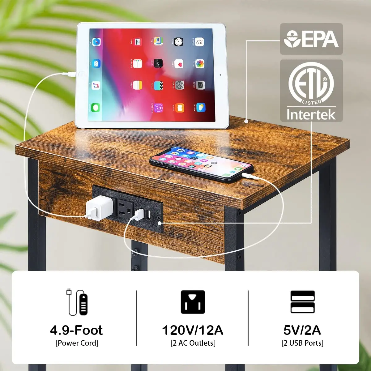 Nightstands Set of 2 End Table with Charging Station USB Ports