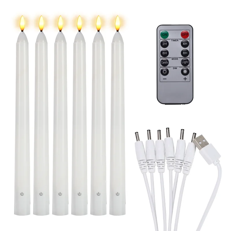Stay on 170Hours  3d Real Flame Remote Control Dinner Flickering Flameless 6 Pack Tapered Candlesticks Rechargeable Taper Candle