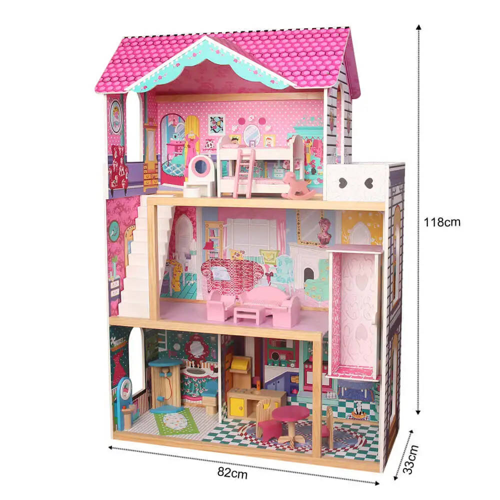 Cheap price wooden dream house with furniture included wholesale kids pretend play doll house furniture 1:12 scale