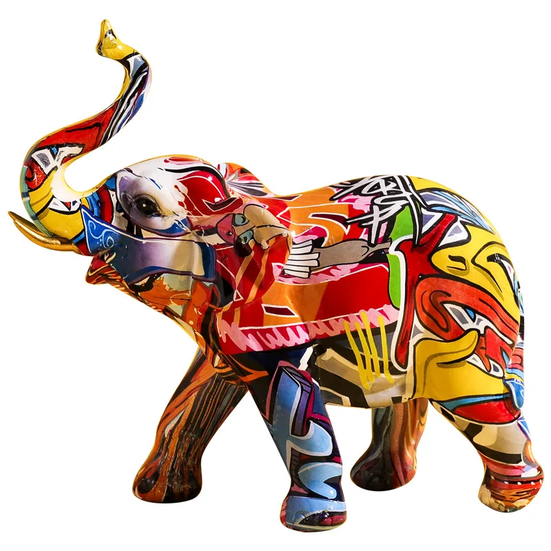 Whosale High Quality Transfer Printing Animal Figurines Statue Home Decoration Resin Colorful Elephant Figurines