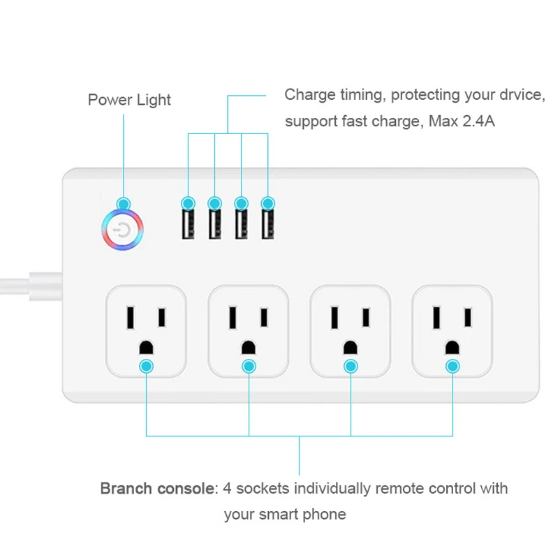 Chaoran Google Assistant Alexa Home Devices 4 USB Power Strip US Standard Extension Socket tuya