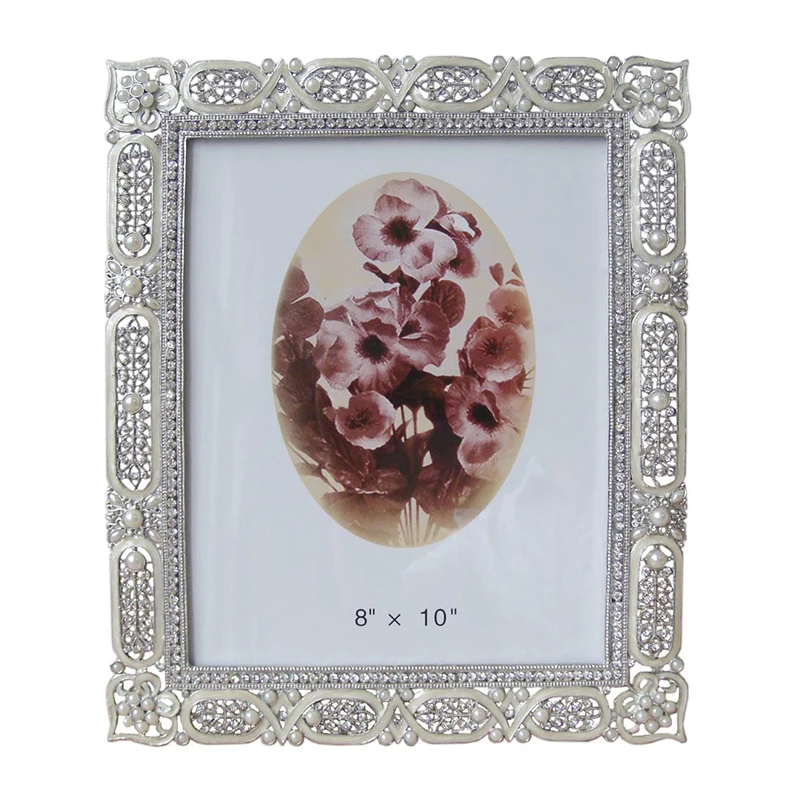 Elegant Enameled And Pearls Jeweled Metal Photo Frame 8x10 Inch Rectangle Silver White Gold Ivory For Home Tabletop Decoration