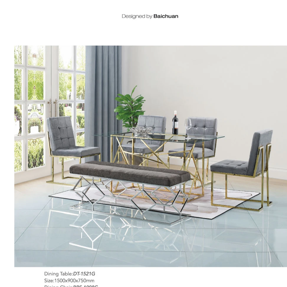 Free Sample Chair Room Modern  Classic Top 6 Royal Marble Bisini Dining Table Set White Steel Glass Stainless