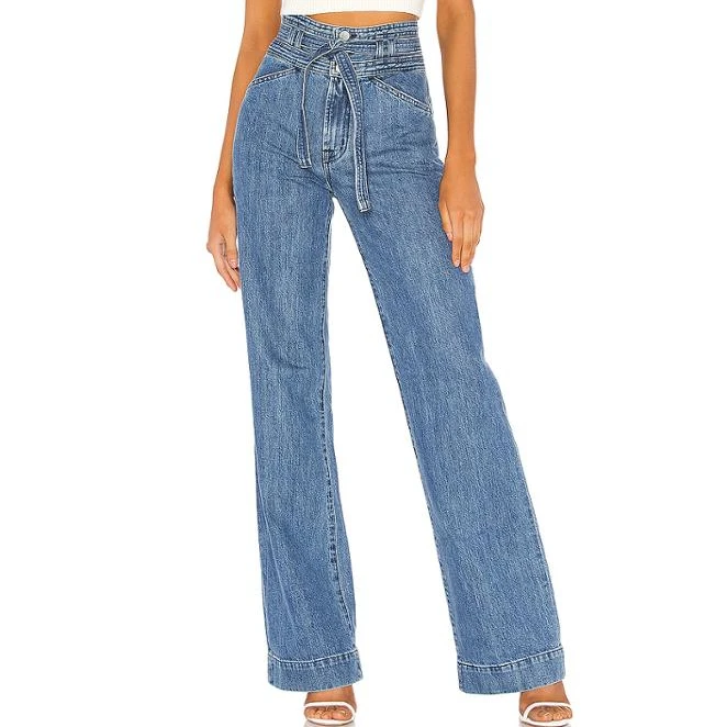 Fashion design high waist wide leg women denim baggy jeans with belt