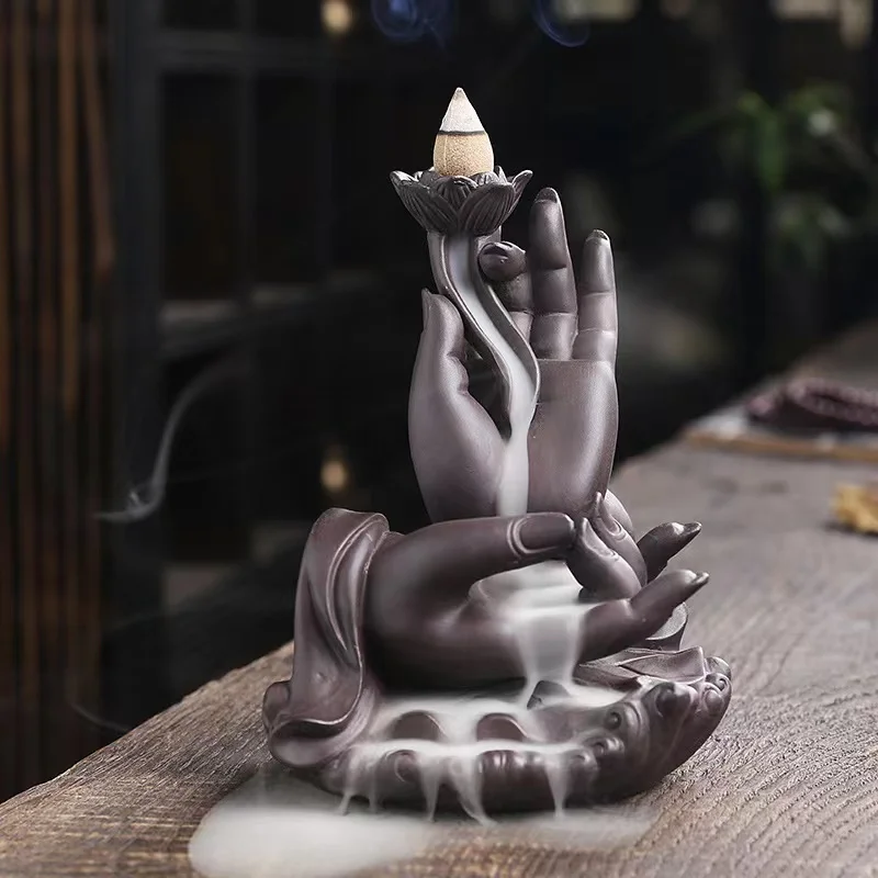 New Arrivals Purple Sand Buddha Hand Incienso Holder Flower Lotus Smoke Backflow Censer Ceramic Incense Burner