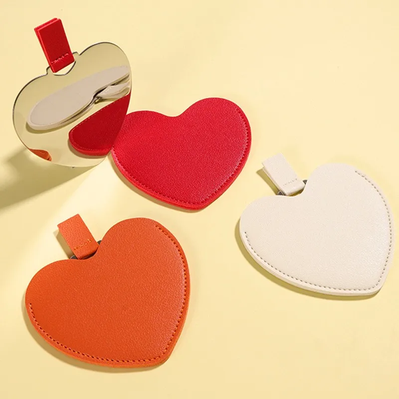 Cute Heart Shape Stainless Steel Leather Mirror For Women Girls Student Gift Portable Pocket Round Mirror